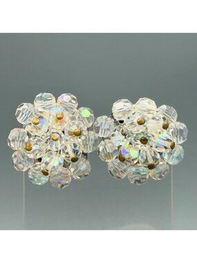 Vintage Aurora Borealis Crystal Bead Cluster Flower Clip-On Earrings